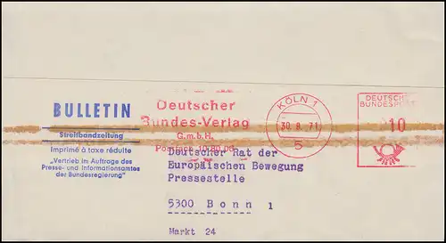 AFS Deutscher Bundesverlag Streifbandzeitung KÖLN 30.8.1971 nach Bonn