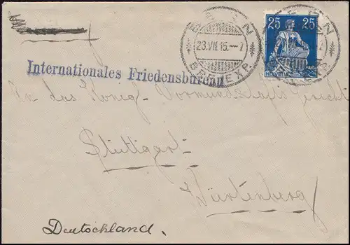 Schweiz 103x Sitzende Helvetia EF auf Auslandsbrief BERN 23.7.1915 n. Stuttgart