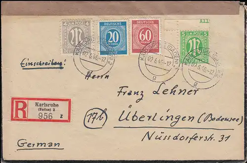 2+3 AM-Post mit 924+933 Gemeinschaft MiF R-Brief KARLSRUHE 2.6.46 n. ÜBERLINGEN