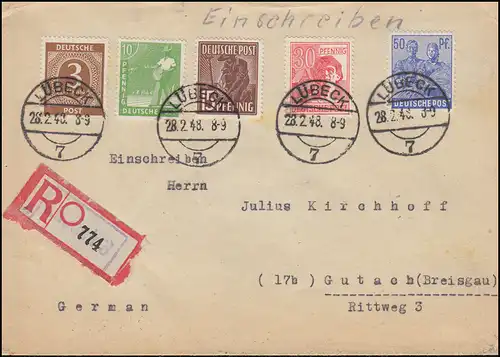 913ff Kontrollrat I+II MiF auf R-Brief Not-R-Zettel LÜBECK 28.2.1948 nach Gutach