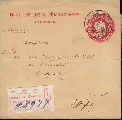 Mexiko: Streifband als Einschreiben aus Mexico 11.1.1901 nach Deutschland
