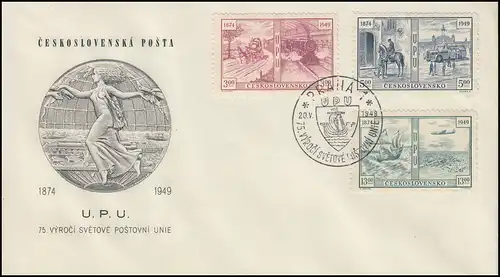 572-574 Weltpostverein-Satz auf Schmuck-FDC PRAHA 75 Jahre UPU 20.5.1949  