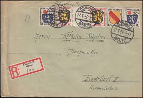 3 Pf ZW Wappen Zwischenstegpaar mit Zusatzfrankatur MiF R-Bf. DORNHAN 27.1.1947