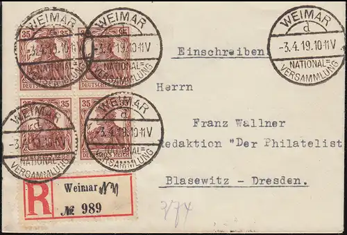 103 Germania 35 Pf als Viererblock auf R-Brief WEIMAR-NATIONALVERSAMMLUNG 3.4.19