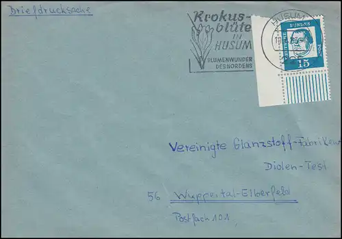 351y Luther Eckstück unten links als EF auf Briefdrucksache HUSUM 19.4.1963 