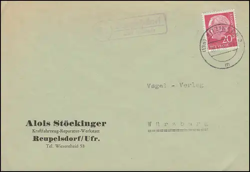 Le temple de Reupelsdorf de Landpost sur KITZINGEN 20.6.1958 sur lettre à Würzburg