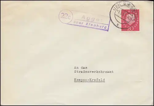 Templier de la poste de Land Post Agger sur Siegburg Lettre SieGBURG 1.9.1961