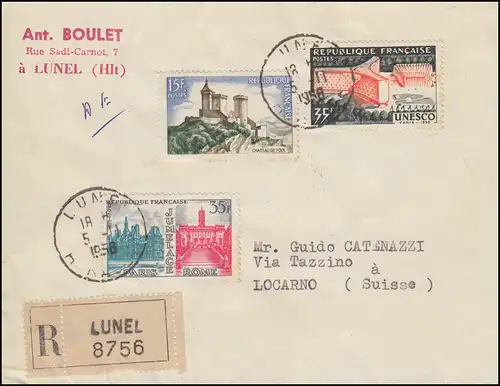 France 1212 Paris-Rome + 1213 Château Foix +1215 UNESCO Lettre R LUNEL 5.11.58