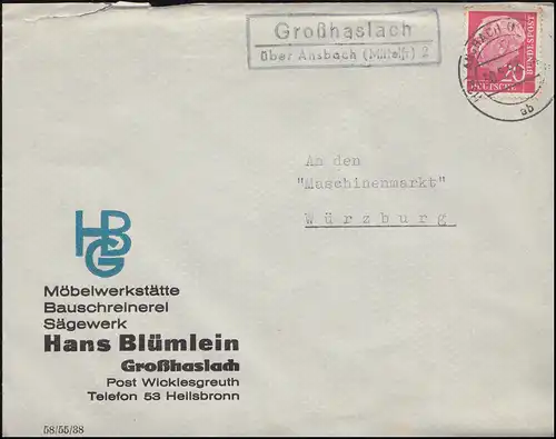 Landpost-Stempel Großhaslach über ANSBACH 30.5.1958 auf Brief nach Würzburg