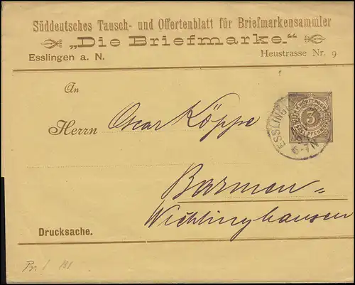 Württemberg PS 2 Streifband Die Briefmarke ESSLINGEN-BAHNHOF 14.11.1894