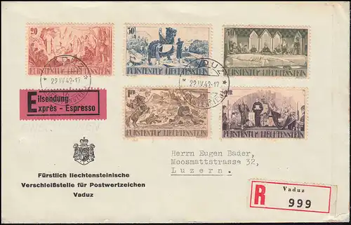 Liechtenstein 202-206 Gebietsteilung 1342 Satz auf Eil-R-FDC VADUZ 22.4.1942