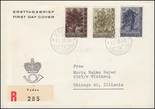 Liechtenstein 371-373 Bäume und Sträucher 1958, Satz auf USA-R-FDC VADUZ 12.8.58