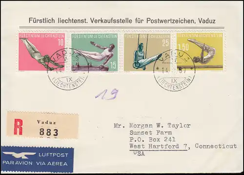 Liechtenstein 353-356 Sport Turnen -Satz auf R-Lp-FDC Verkaufsst. VADUZ 14.5.57