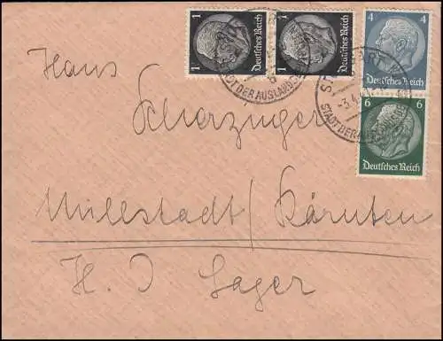 Hindenburg-Ressum S 215 avec 4+6 pfennig MiF Lettre STUTTGART 3.4.41