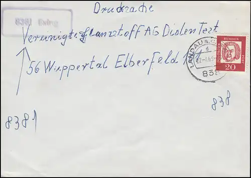 Landpost-Stempel 8381 Exing auf Drucksache LANDAU / ISAR 22.4.64 nach Wuppertal