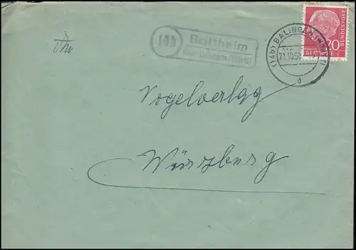 Landpost-Stempel Brittheim über BALINGEN (WÜRTT.) 21.10.58 auf Brief n. Würzburg