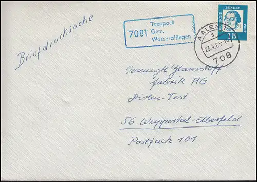 Landpost-Stempel 7081 Treppach Gem. Wasseralfingen Briefdrucksache AALEN 23.4.63