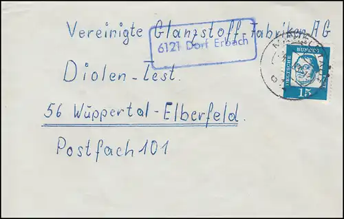 Temple de Landpost 6121 village d'Erbach sur lettre MICHELSTADT 1963 à Wuppertal