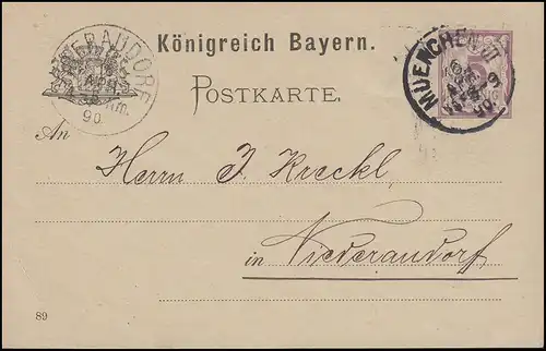 Bayern Postkarte Ziffer 5 Pf lila DV 89, MÜNCHEN III. 16.4.90 nach Niederaudorf