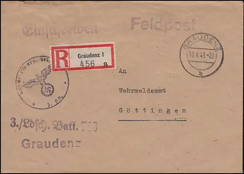 Feldpost 3. Landschützen-Batl. Graudenz R-Brief GRAUDENZ 10.4.43 nach GÖTTINGEN