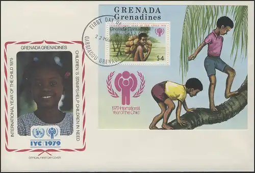 Grenada Grenadines: Kinderalltag, 4 Werte + 1 Block auf 2 Schmuck-FDC