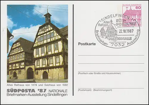 Carte postale privée PP 106/262 SUDPOSTA Hôtel de ville Salzhaus, SSt SIDELLFINGEN 25.10.87