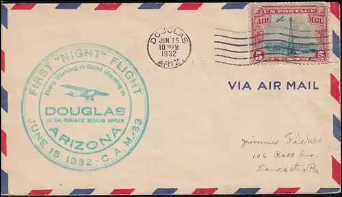 Erstflug FIRST NIGHT FLIGHT C.A.M. 33 ab Douglas / Arizona 15.6.1932