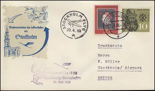 Premier vol Lufthansa LH 210 Hambourg-Stockholm Bijoux-Bf HAMBURG-FLUGHAFE 20.4.59