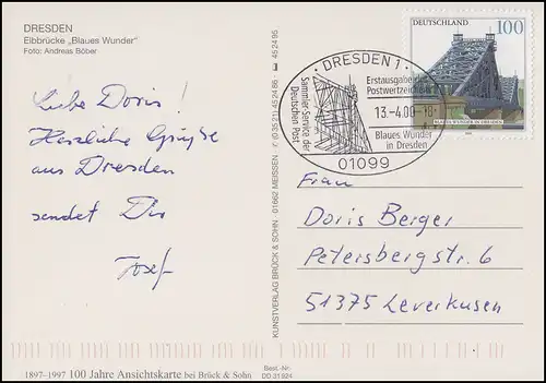 2109 Pont de l'Elbe Merveille bleue EF FDC-AK Mercredi bleu ESSt Passerelle de Dresde 13.4.00