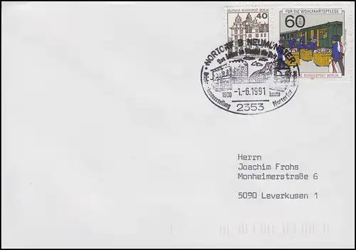 Geschichte der Post: Bahnpost, Brief mit SSt Nortorf Stadtansicht 1.6.1991