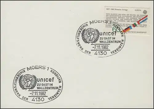 Allemagne: Carte de cachet SSt Moers UNICEF à l'accueil dans le centre de Wall Centre 7.11.1982