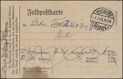 Feldpostkarte WARBURG 7.7..15 an die 6. Kp. Res.-Inf.-Regiment 229 mit Zurück-O