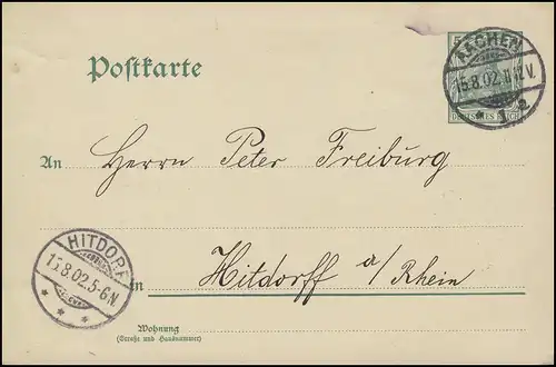 Postkarte P 64X Germania 5 Pf. AACHEN 1a 15.8.02 nach HITDORF 15.8.02