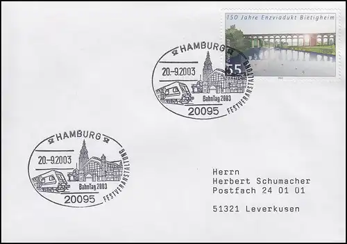 Bahntag Bahnhof Hamburg & Enzviadukt Bietigheim, Brief SSt Hamburg 20.9.2003