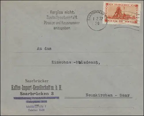 Saargebiet 143 Förderschachtanlage EF auf Brief Kaffee SAARBRÜCKEN 2 - 1.2.1932