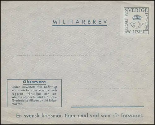 Schweden Miltärpost: Militärbrief-Umschlag MILITÄRBREV ab 1929, ungebraucht **