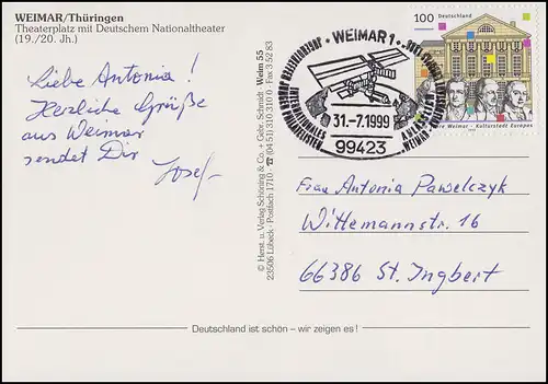 2028 Weimar, AK Nationaltheater, SSt Weimar Kulturstadt Europas Satellit 31.7.99