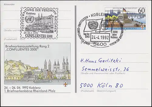 PSo 26 Börse Koblenz, SSt 2000 Jahre Koblenz Tag der UNO 24.4.1992 & UNO-Stempel