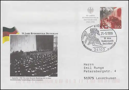 USo 9 Bundesrepublik, FDC ESSt Kiel 50 Jahre Bundesrepublik & Richtfest 21.5.99