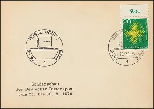 Carte Vue spéciale de la Deutsche Post Radioexposition SSt DÜSSELDORF 29.8.1970