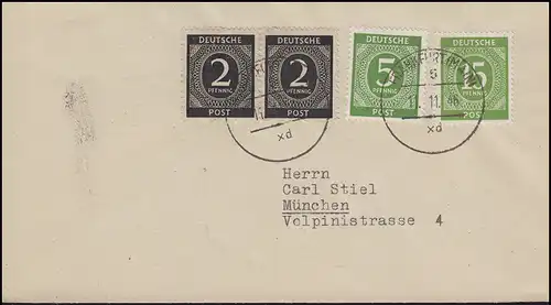 912+915+922 Ziffern Brief aptierter Stempel FRANKFURT 5 - 11.11.46 nach München