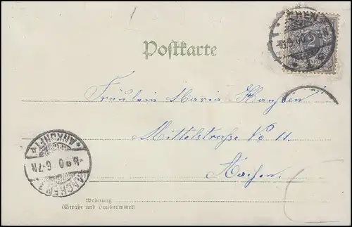 52 Ziffer 2 Pf. EF Gruß-Karte Landschaft als Orts-Postkarte AACHEN 8.9.00