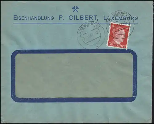 Freimarke Hitler 8 Pf. Fensterbrief Eisenhandlung Gilbert LUXEMBURG 28.11.42