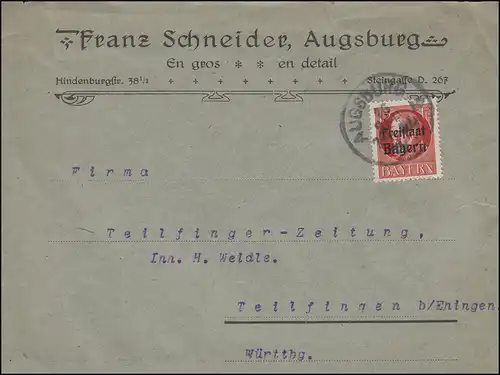156A Freistaat 15 Pf. EF auf Brief Einkreis AUGSBURG 15.9.1919 nach Teilfingen