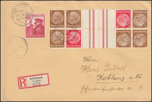 Hindenburg-Koschreibung 2 fois KZ 31 dans le bloc de 12 R-Lettre SCHÖNBACH/EGER 23.8.39