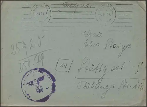 Feldpost 2. Weltkrieg aus Lemberg 2.2.44 mit B.S. Lemberg nach Stuttgart