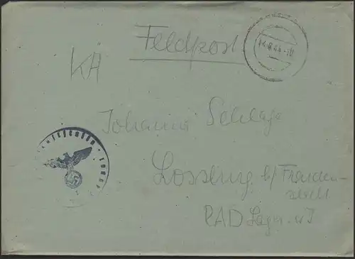 Feldpost 2. Weltkrieg PF L49961 mit Tarnstempel 14.8.44 mit B.S. nach Lossburg