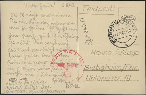 Feldpost 2. Weltkrieg roter B.S. 4. Kp. Nachrichten-Ers.-Abt., Stuttgart 7.8.43 
