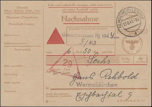 Carte de réduction de l'impôt REMSCHEID-LENNEP 21.6.1943 Taxe professionnelle