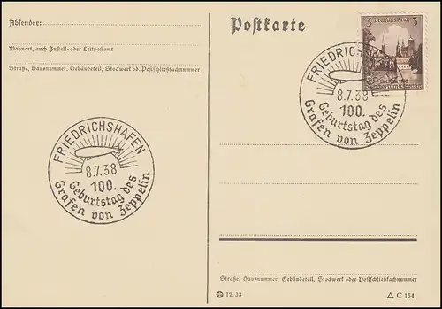 Sonderstempel FRIEDRICHSHAFEN 100.Geburtstag des Grafen von Zeppelin 8.7.1938 